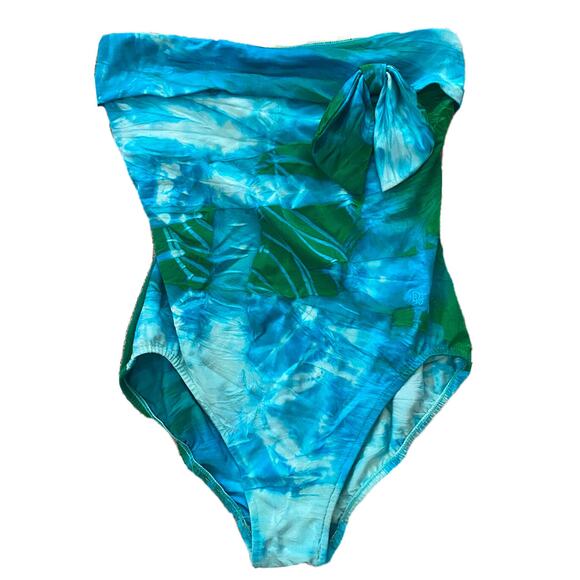 Vintage Christian Dior One Piece Swimsuit Blue Green Tie Dye Bow Strapless RARE - Picture 1 of 12